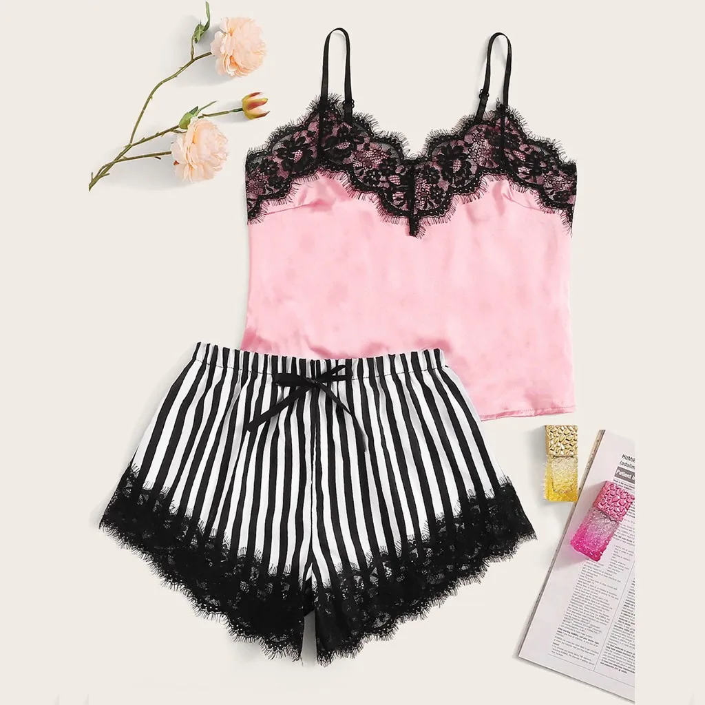 Women's Lace Pajama Set V-neck Satin Striped Silk Short Bowknot Camisole Underwear Lingerie Sling Strap Eyelash Sleepwear | Женская