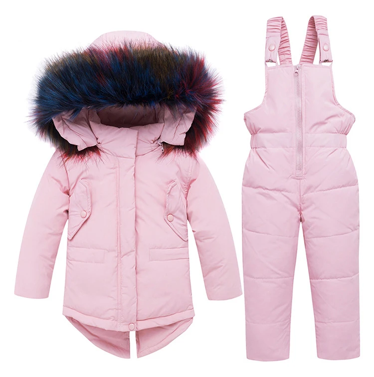 Dollplus/зимние теплые комплекты одежды для детей с меховым капюшоном пуховое пальто для девочек, комбинезон из 2 предметов, детский зимний костюм, детский лыжный костюм