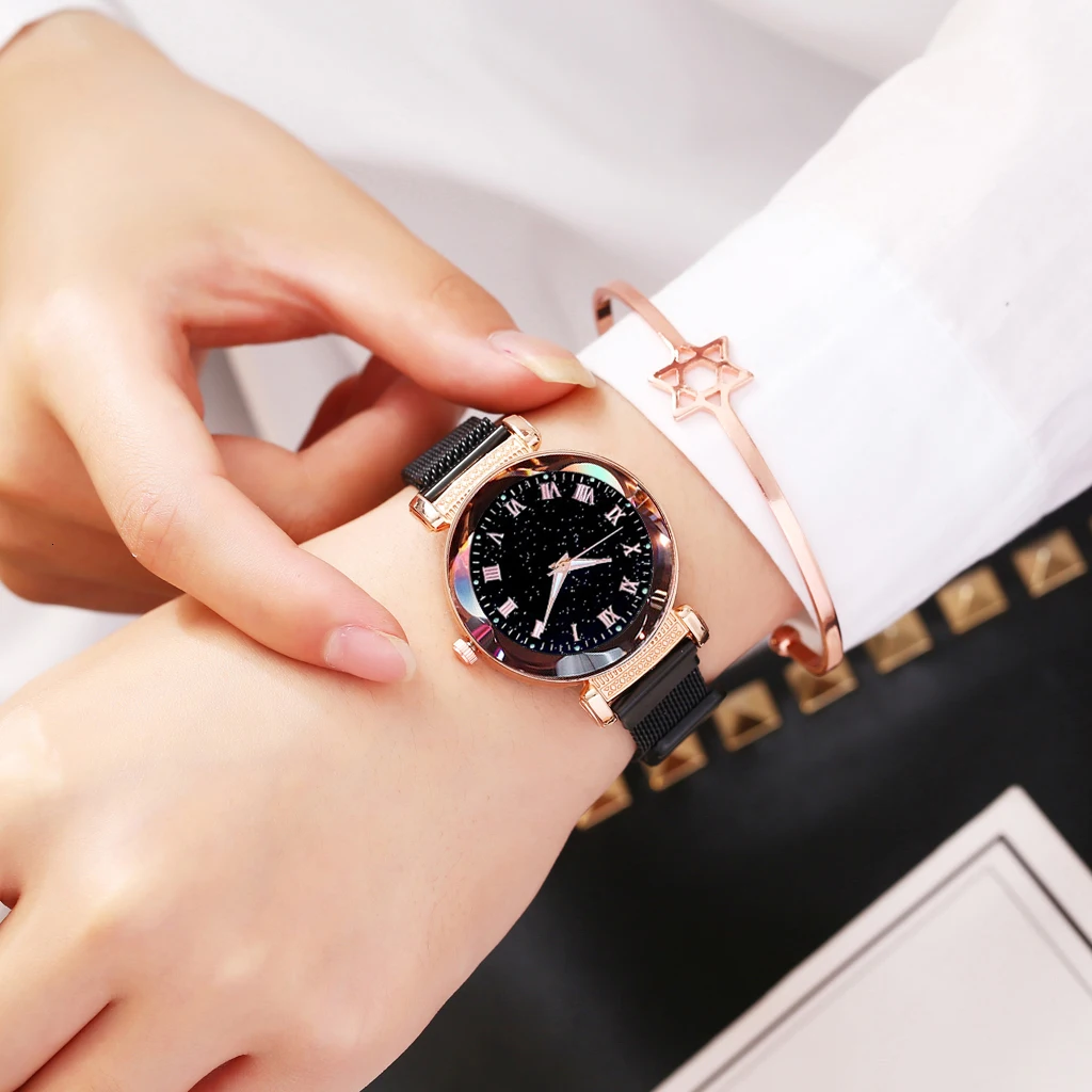 Горячая распродажа Женские магнитные пряжки звездное небо светящиеся римские часы с цифрами роскошные женские кварцевые часы Relogio Feminino