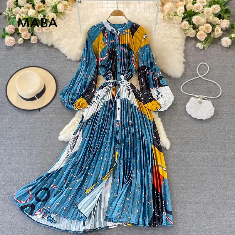 

Women Satin Pleated Maxi Dress Autumn Ladies O-neck Lantern Sleeve Loose Button Floral Print Vintage Chic Ankle Length Dress