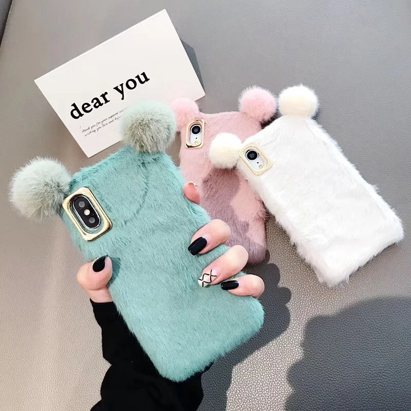 

New Minnie mouse Plush ear Winter hand warmer Soft phone case for iphone 6 plus 7 7plus 8 8plus X XS XR MAX 11 Pro back cover