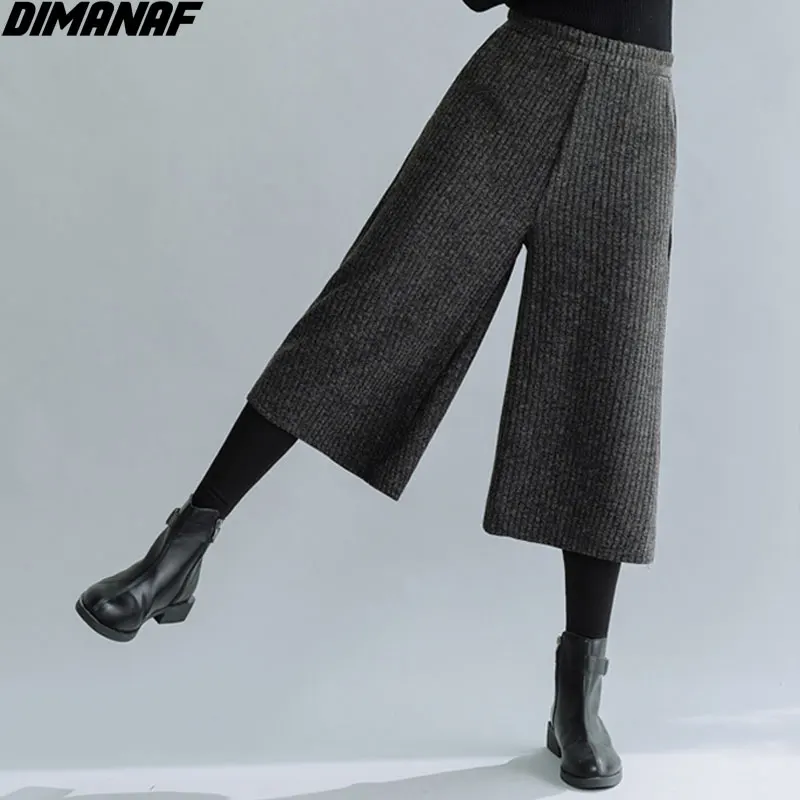 

DIMANAF Plus Size Women Pants Winter Wool Fake Two-Piece Spliced Thick Wide Leg Pants Female Trousers Elegant Black Pantalones
