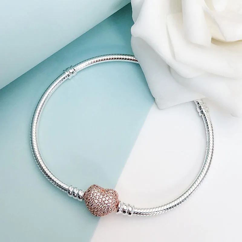 

Authentic 925 Sterling Silver Pan Bracelet Rose Gold Heart-shaped Clasp With Snake Bone Chain Fit Charm Women Jewelry