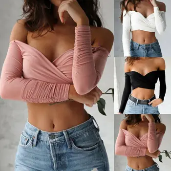 

New Arrival US Women V Neck Long Sleeve Crop Tops Bandage Bustier Tops Casual Backless Shoulder short Shirt Blouse