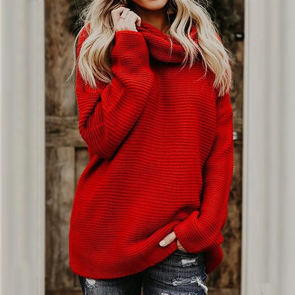 Женский винтажный свитер с высоким воротом, осенне-зимний Повседневный свободный однотонный вязаный пуловер, джемпер, толстые вязаные пуловеры, свитер - Цвет: RED