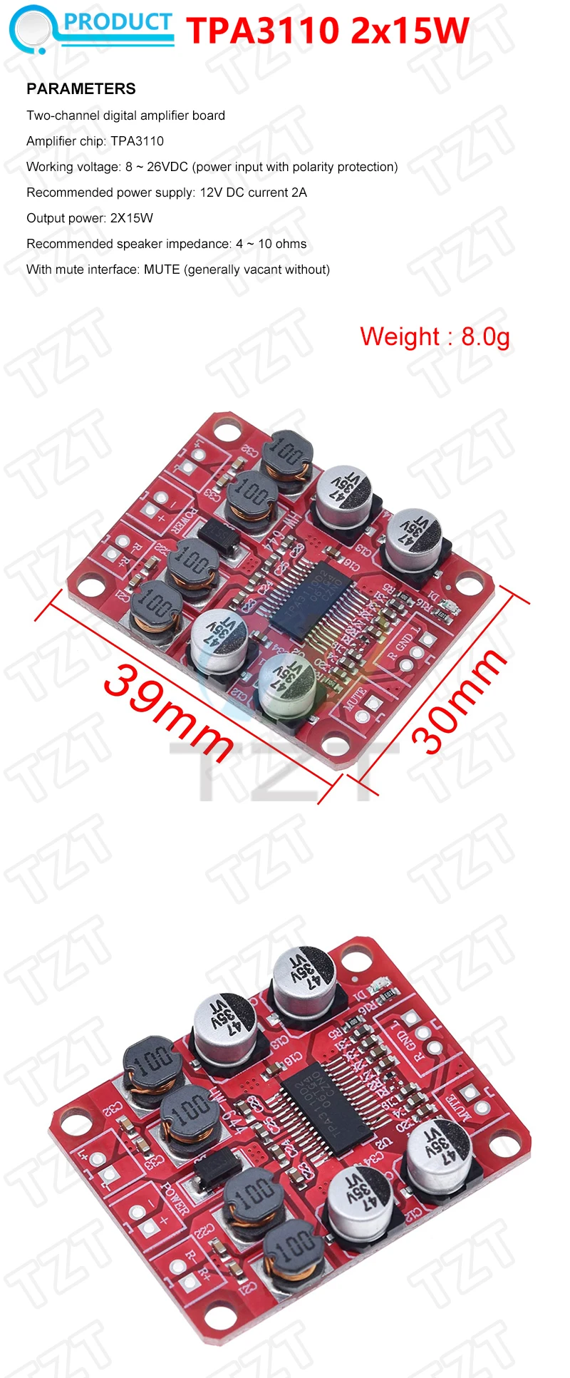 TZT TPA3110 Digitales Leistungsverstärkermodul 2x15W Zweikanal-Stereo DIY Lautsprecherverstärker Elektronik-Design PCB DC 12V Rot – Detail 1