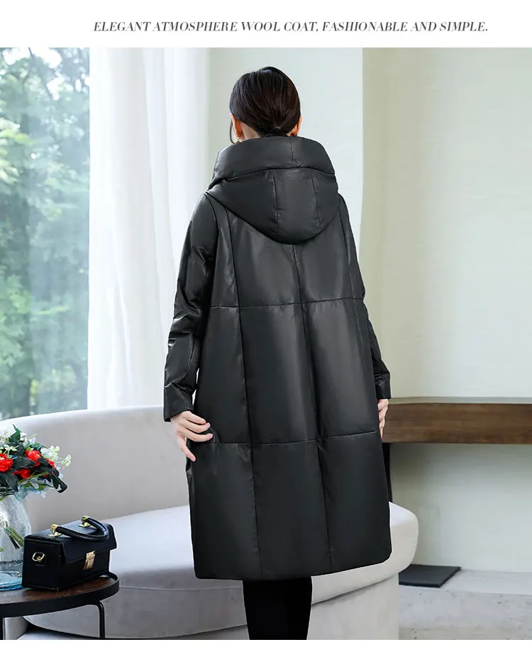 HANZANGL размера плюс M~ 4XL Новое кожаное пальто женский пуховик Зимняя мода с капюшоном длинный плащ кожаная одежда