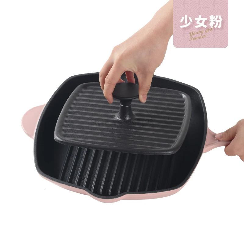 England LEBETE enamel cast iron steak frying pan square stripe steak special pan electromagnetic furnace uncoated physical - Color: Burgundy
