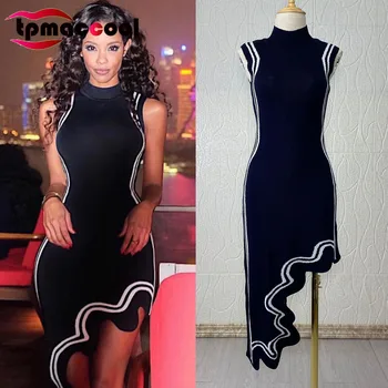 

Tpmaccool luxury designer Evening Celebrity Inspired Asymmetric Wavy Hem round Neck White Trim Knitted Sleeveless party Dress