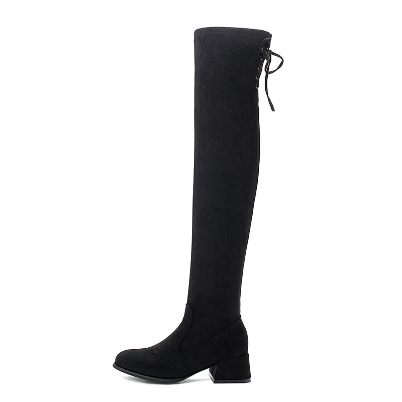 Зимние Сапоги выше колена; женские эластичные тканевые чулки с эластичным бортом; женская обувь на шнуровке; длинные сапоги; Bota Feminina - Цвет: Черный
