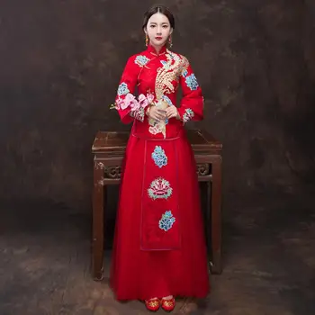 

Lace Flower Toast Clothing Qipao Embroidery Phoenix Marriage Cheongsam Elegant Bridal Wedding Dress Suit Long Sleeve Vestidso