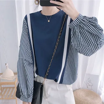 

Korean Style Women Blouse 2020 Spring Autumn Long Sleeve Fake Two Piece Chic Patchwork Female Tops Chic Ladies Causal Shirt