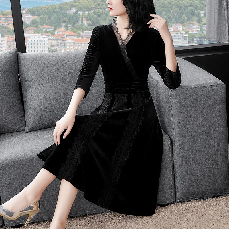 

Photo Shoot 2019 Autumn And Winter New Style Dress Black And White with Pattern Velvet Lace Waist Hugging Elegant Mid-length A-