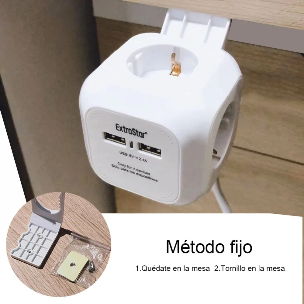 ExtraStar®Power Cube Cable 1.5 m Power Strip 4 Outputs, with 2 for USB charging 5V/2.1A, white/blue/red/mixed