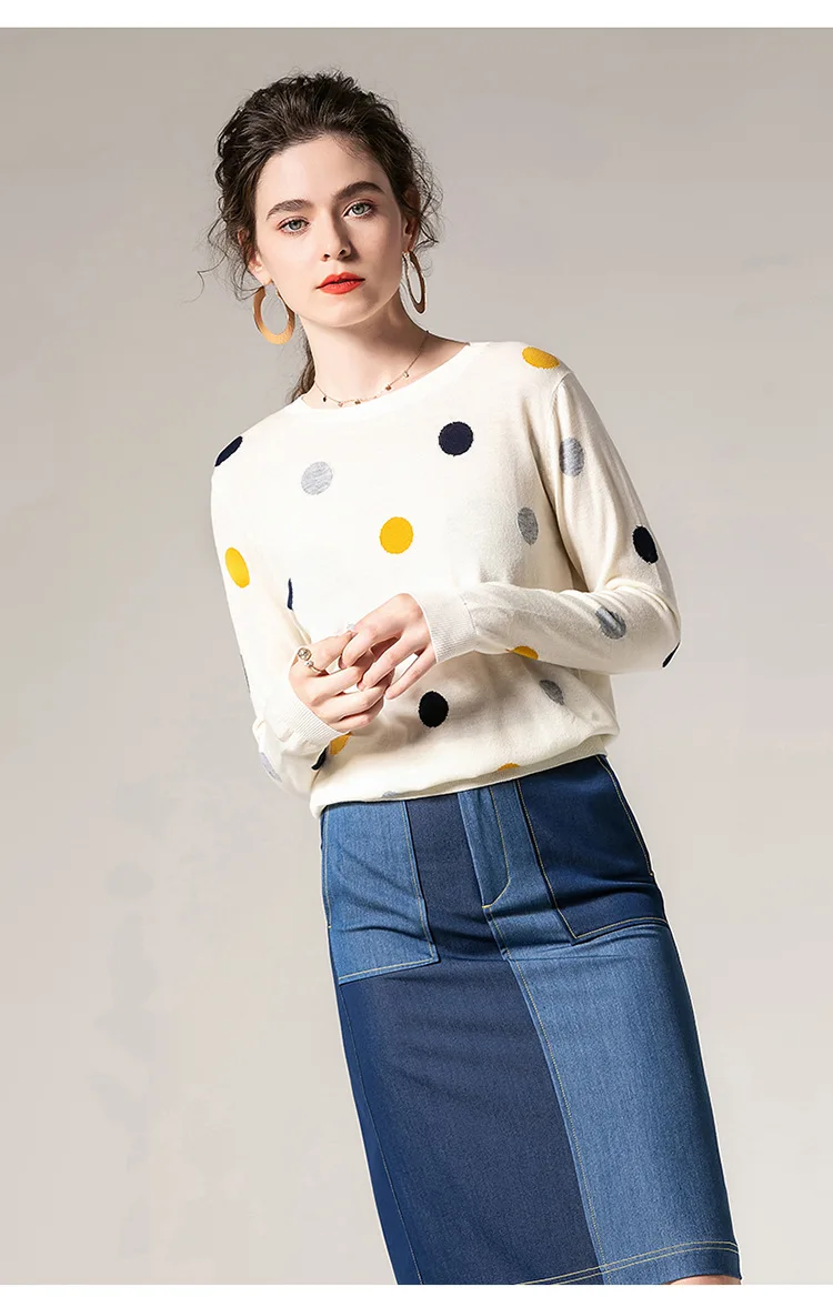 MIUXIMAO Fall Suit Sets 2 Piece Europe Fashion O-Neck Full Sleeve Slim Dot Sweater Top+ Denim Skirt Winter Suit Vestidos