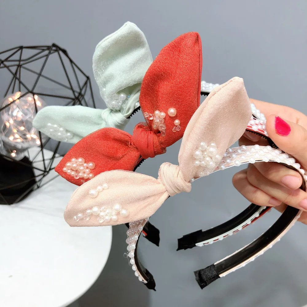 buy Fashion Rabbit Ears Hair Hoop Headband Hairband For Women Girls Chiffon Pearls Bow Hair Band Hair Accessories