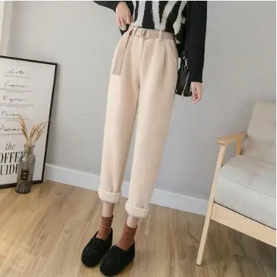Khaki KINOMI женские зимние толстые теплые вязаные шаровары Повседневные брюки с поясом женские свободные женские брюки шикарные женские новое поступление - Цвет: Khaki