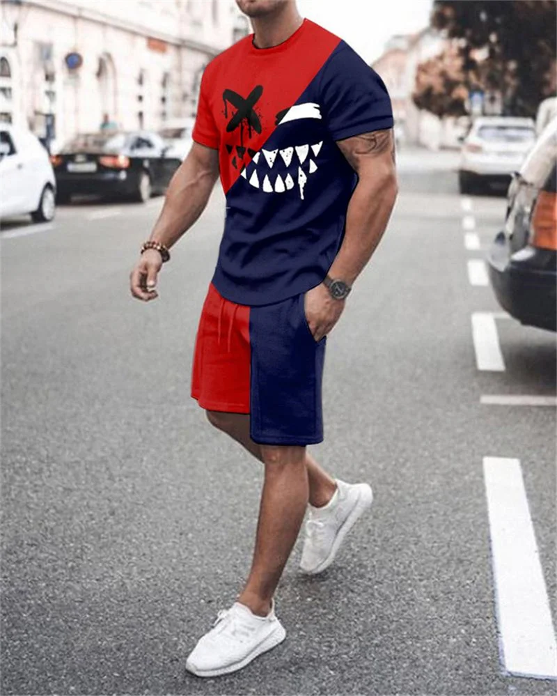 Summer trend men's suit casual beach shorts suit sea view 3D printing short suit ordinary O-neck T-shirt 2-piece set 5