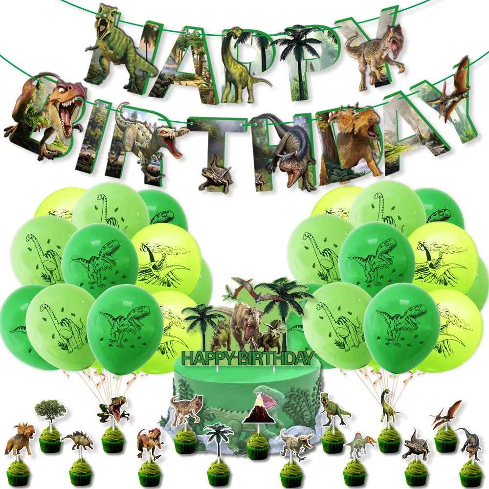 Dinosaur Theme Birthday Party Decoration Pull Flag Cake Card Set Children Banner Supplies | Дом и сад