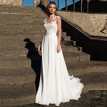 

Scoop Neck Lace Appliques Chiffon Long Wedding Dresses With Buttons Back Bridal Gowns Formal Spring Beach Bride Dress
