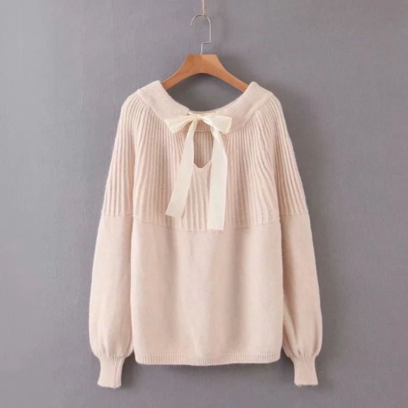 Pull femme, свободные модные свитера, женские пуловеры, Осень-зима, корейский пуловер с бантом, вязаный женский свитер, женский джемпер