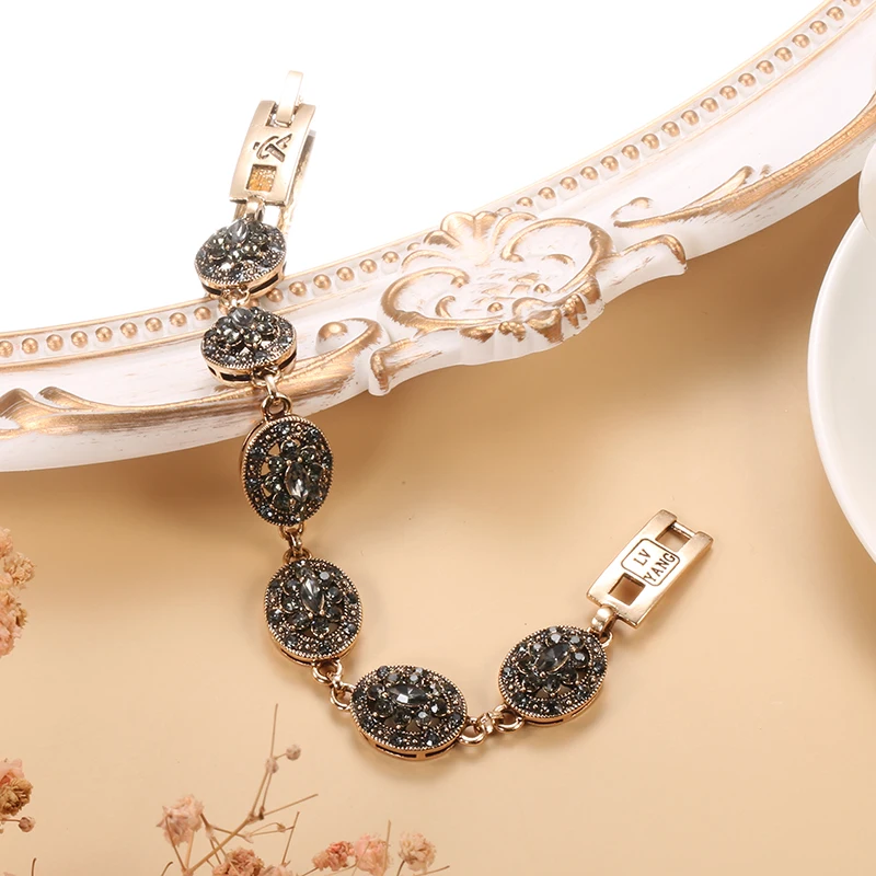Charm Bracelet Boho Women Link Antique Gold Color Gray Crystal Ethnic Wedding Bridal Vintage Russia Accessories