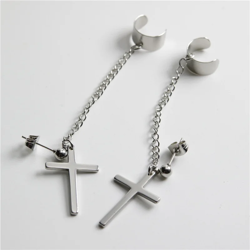 Cross earrings 1 Pc Punk Gothic Tassel Cross Stainless Steel Round Drop Earrings Women Men Fashion Party Punk Rock Jewelry
