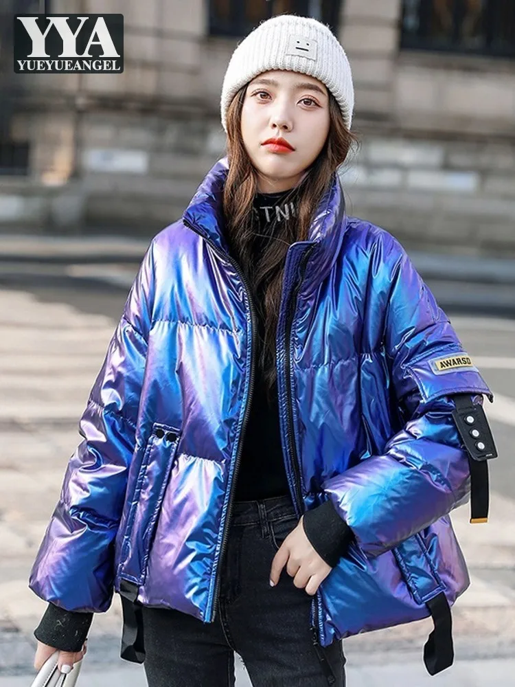 

Winter Women Thick Warm Down Jacket Short Bright Stand Collar Windproof White Duck Down Coat Fashion Casual Streetwear Overcoat