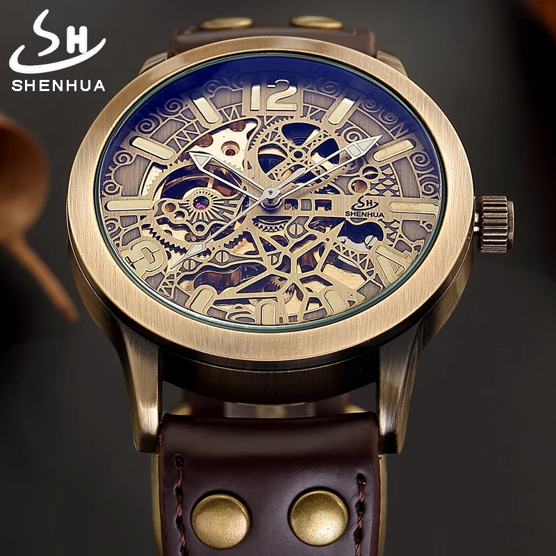 Роскошные Скелет Автоматические наручные часы для мужчин Скелет водонепроницаемые мужские s механические часы Shenhua Relogio Masculino