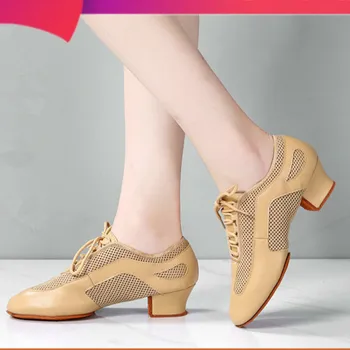 

Unisex Soft Square Heeled Cross-border Leather Mesh Dance Shoes Ballroom Jazz Latin Dancing Indoor Outdoor