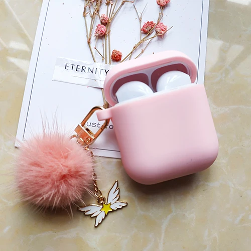 Cute Korean Mink Hair Ball Silicone Case for Apple Airpods Case Accessories Bluetooth Earphone Protective Cover Peach Key Ring