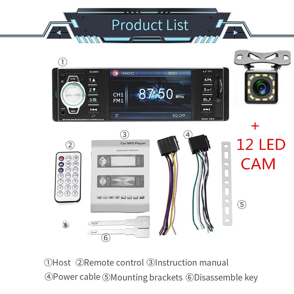 1 Din автомобильный Радио Bluetooth 4," с 4LED камерой MP4/MP3/MP5 плеер стерео Поддержка TFT SD USB MMC Aux-in 1080P HD DC 12V - Цвет: 12led cam