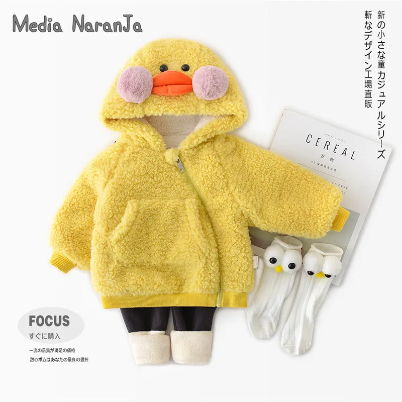 Baby unisex winter warm coat infant toddler little yellow duck cute warm hooded jacket children cute costume