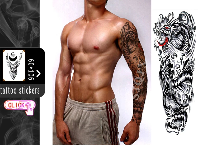 Полный рука поддельные татуировки рукава временные Большие размеры татуировки наклейки павлин цветок череп рыба дракон поддельные татуировки для мужчин и женщин