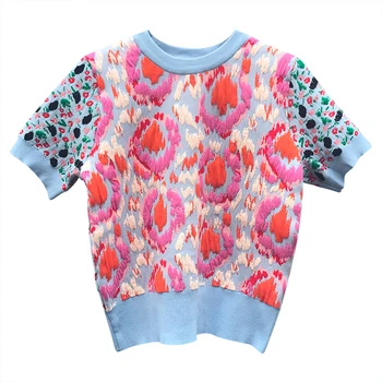 

Embroidery T Shirt For Women O Neck Short Sleeve Hit Color Knitted Pullover Plus Size High Street T Shirts Female 2020 Tide K823