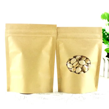 

100 Pcs Kraft Paper Food bag Zip Lock,Stand-up Reusable Sealing Bag with Oval Window for Storing Cookie Dried Food Snack