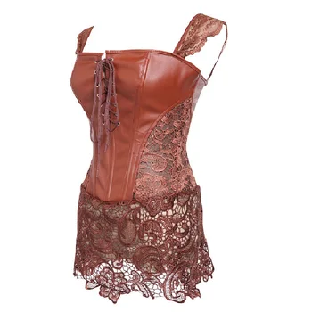 

Vintage Women Sexy Faux Leather Bustier Corset Dress with Hollow Out Lace Mini Skirt Fetish Costume Plus Size