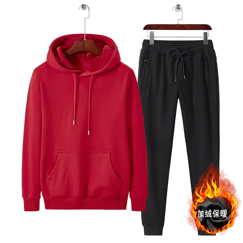 Теплый спортивный костюм для бега, Мужской осенне-зимний спортивный костюм, толстовка+ спортивные штаны, мужская спортивная одежда, 2 предмета, для бега - Цвет: red set