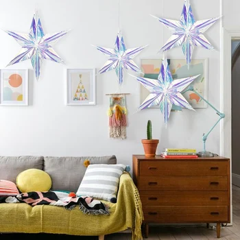 

Iridescent Ornament Star Hanging Decoration Folding Clear Foil Home Wall Decor Birthday Frozen Theme Party Wedding Decoration