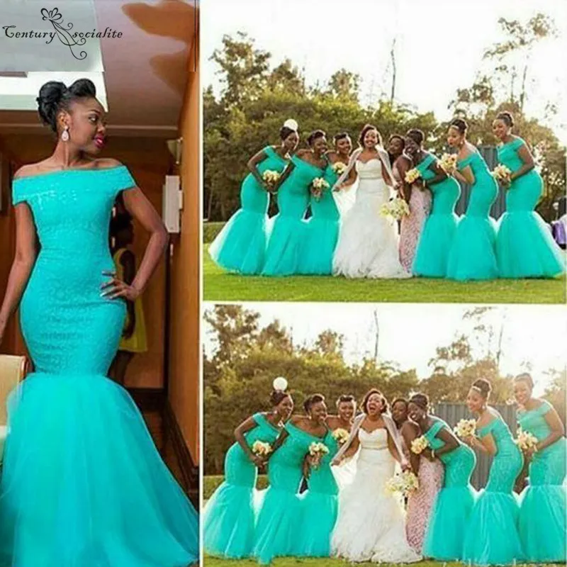 2020 African Bridesmaid Dresses Long Mermaid Wedding Guest Dress Maid Of Honor Gowns Off Shoulder Turquoise Wedding Party Gowns