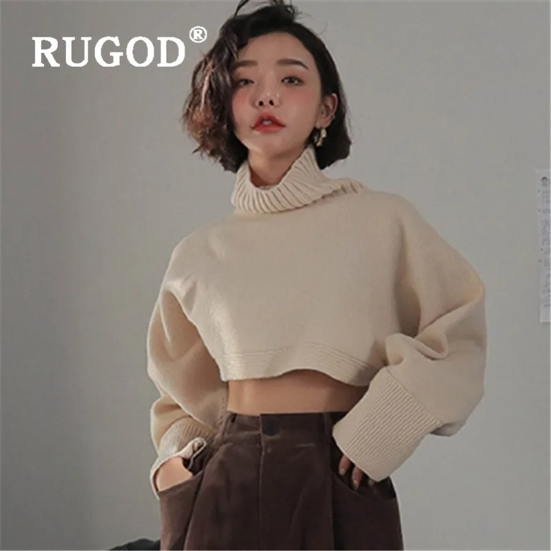 RUGOD, корейский стиль, шикарный свободный свитер с высоким воротом, Женский однотонный укороченный топ, мода, Kpop одежда