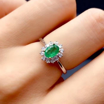 

MEIBAPJ 4*6 HIGH QUALITY NATURAL EMERALD GEMSTONE FLOWER RING FOR WOMEN REAL 925 STERLING SILVER CHARM FINE WEDDING JEWELRY