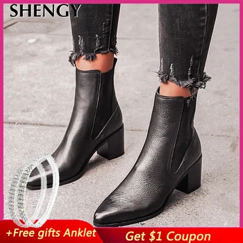 

New SHENGY Leather British Style Flat Boots Black Pointed Toe Boots Handsome Motorcycle Boots Women's Boots Dropshipping