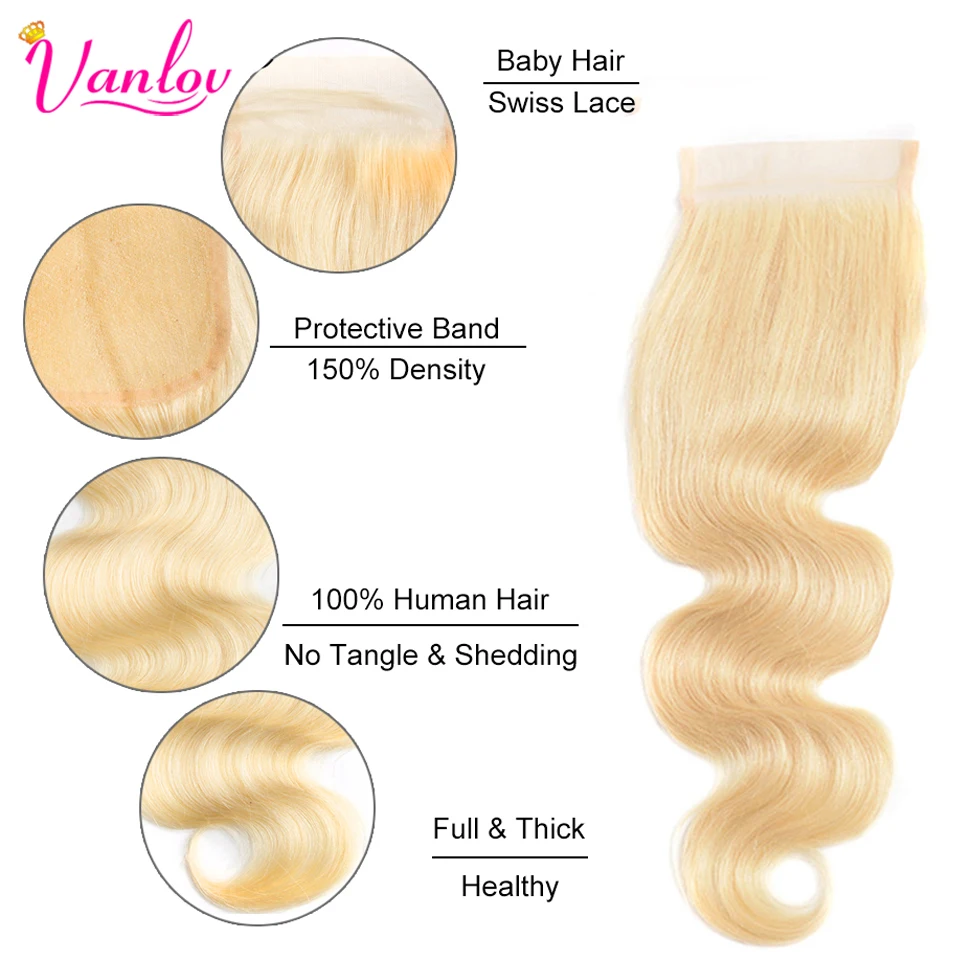 Vanlov Brazilian Body Wave 613 Blonde Lace Closure 4x4 Human Hair Closure With Baby Hair Remy Hair Extensions Free Part (3)