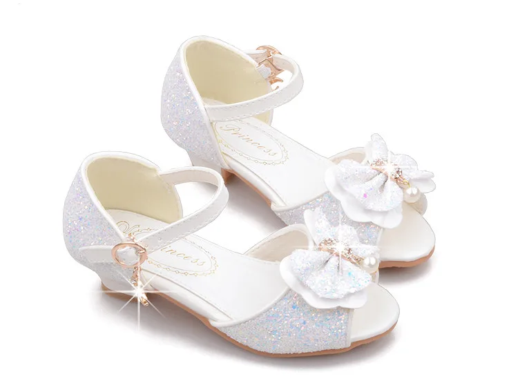 Детская блестящая обувь с бантиком для девочек; chaussures prinsessen schoenen; блестящие босоножки с бантиком; модельные туфли на высоком каблуке
