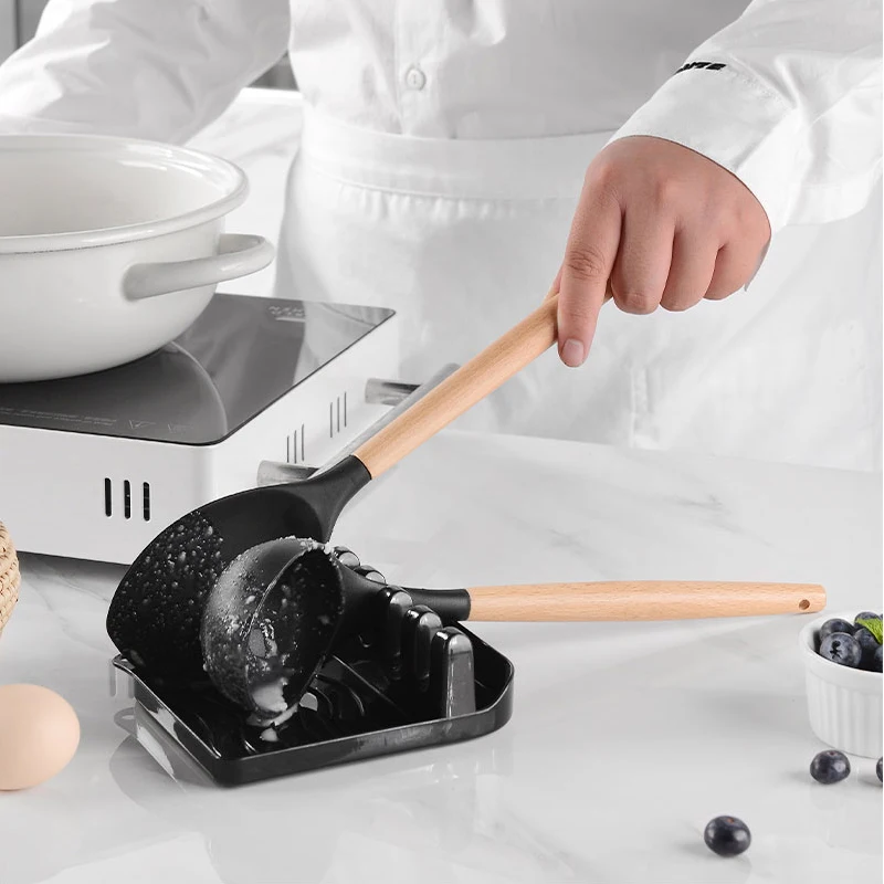 Silicone Cooking Utensils Set Non-Stick Spatula Shovel Wooden Handle Cooking Tools Set With Storage Box Kitchen Tool Accessories