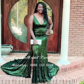 

Green Sequined Mermaid Evening Dress Long Chapel Train 2020 Sexy Plunging Neck Side Split Prom Dresses Graduation Robe De Soiree