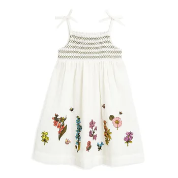 

Little Maven New Summer Kids White Embroidery Floral Suspenders Girls 2-7yrs Sleeveless Cotton Smock Knitted Sands Dresses