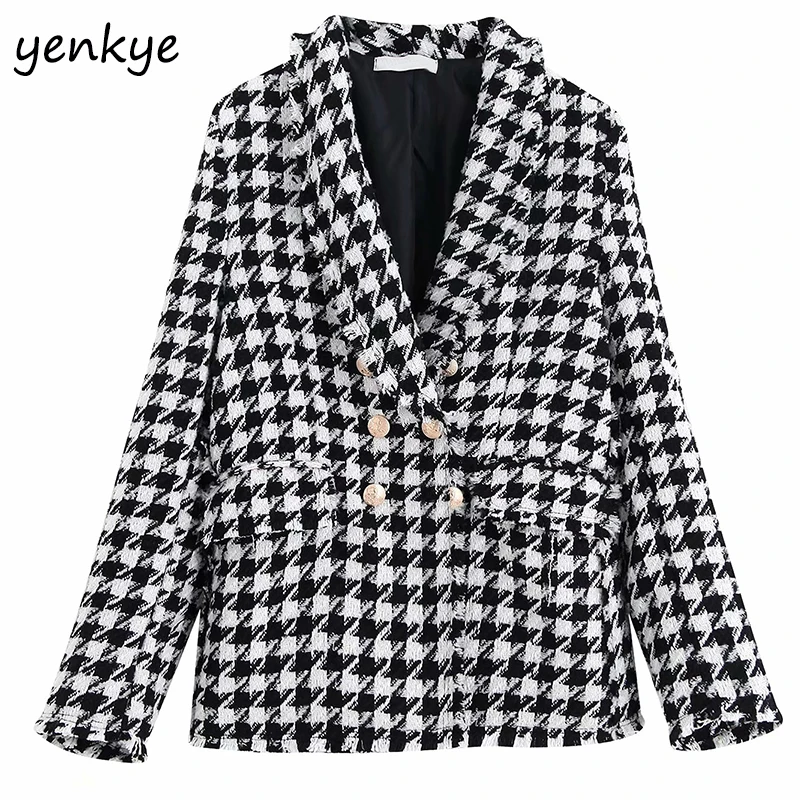 

2019 Women Double-breasted Vintage Houndstooth Jacket Female Notched Collar Long Sleeve Elegant Work Wear Office Autumn Jackets