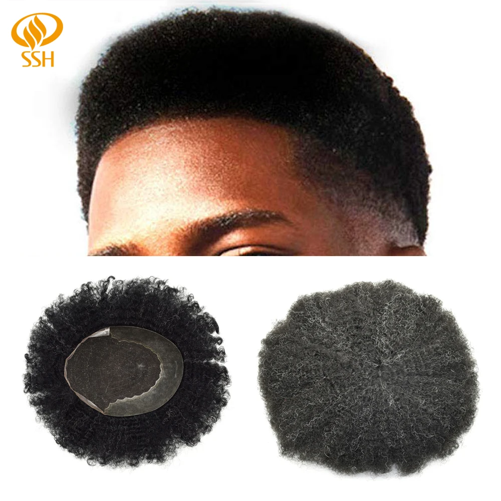 

SSH Mens Toupee French Lace Front Non-Remy Hair Replacement Bleached Knots System Hairpiece Afro Curl Wave
